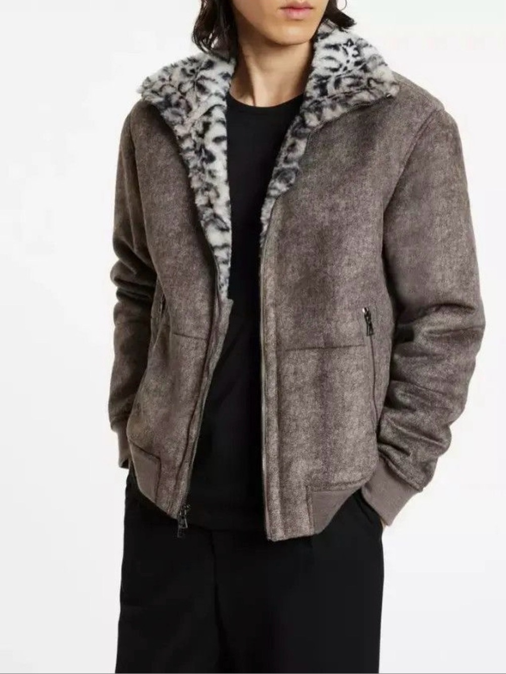 John Varvatos Leopard Lined Faux Suede Jacket Medium